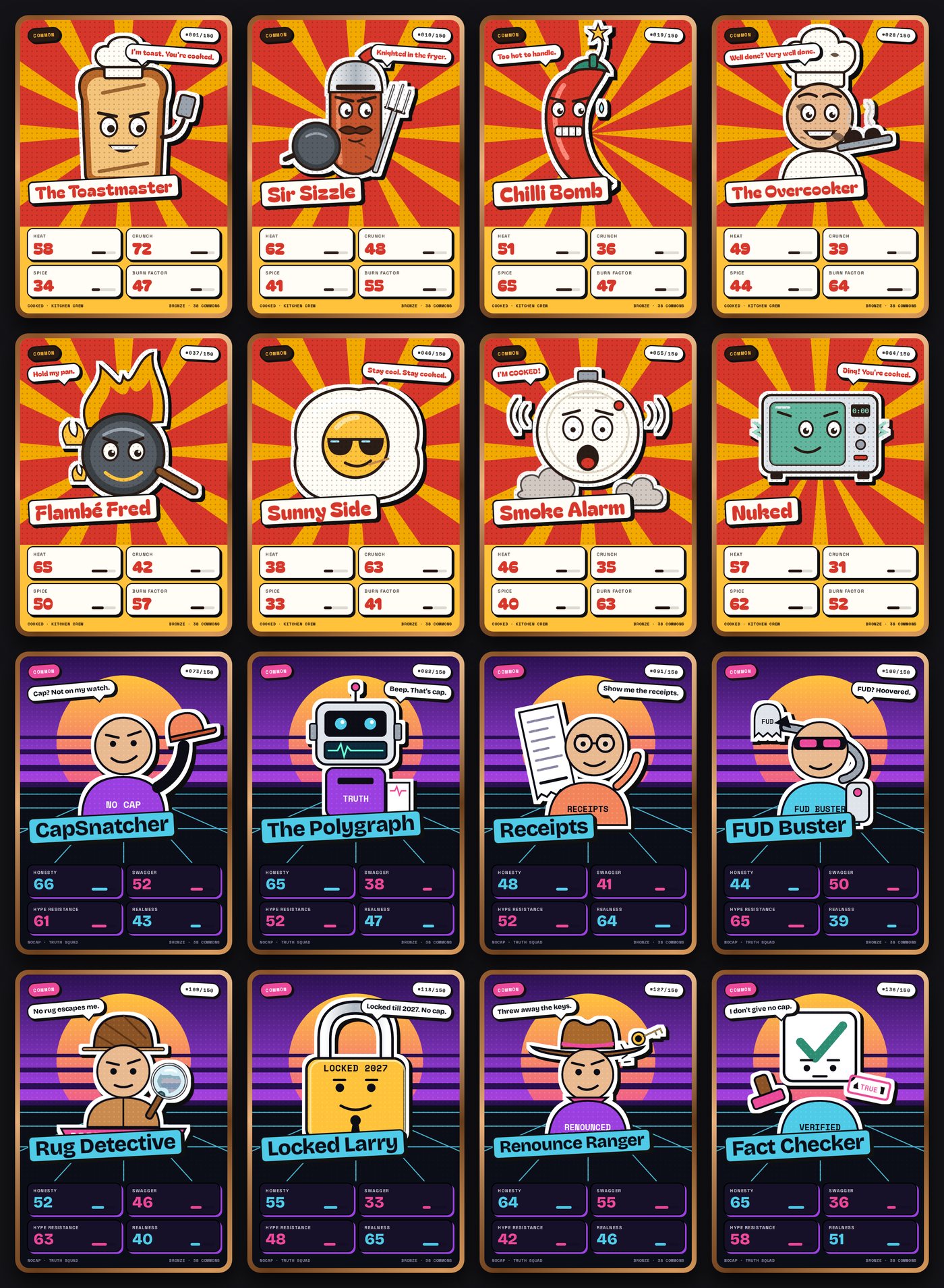 The 16 characters: 8 COOKED Kitchen Crew and 8 NOCAP Truth Squad